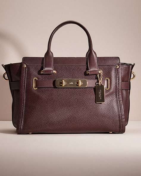 COACH®,RESTORED COACH SWAGGER,Pebble Leather,Mini,Light Gold/Burgundy,Front View