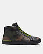 COACH®,CLIP HIGH TOP SNEAKER IN SIGNATURE CANVAS WITH CAMO PRINT,Camo Green,Angle View