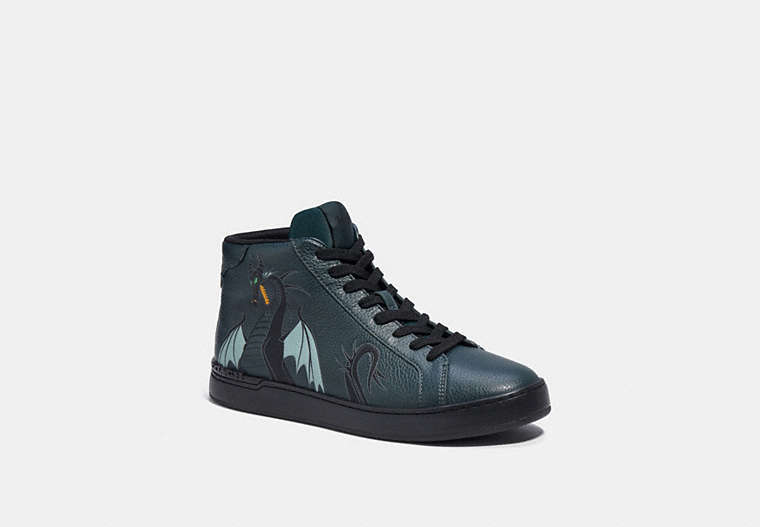 COACH®,DISNEY X COACH CLIP HIGH TOP SNEAKER WITH MALEFICENT DRAGON MOTIF,Pine Green,Front View