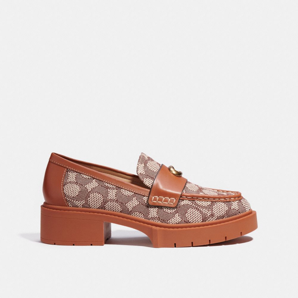 COACH®,LEAH LOAFER IN SIGNATURE JACQUARD,Signature Jacquard,Cocoa/Burnished Amber,Angle View