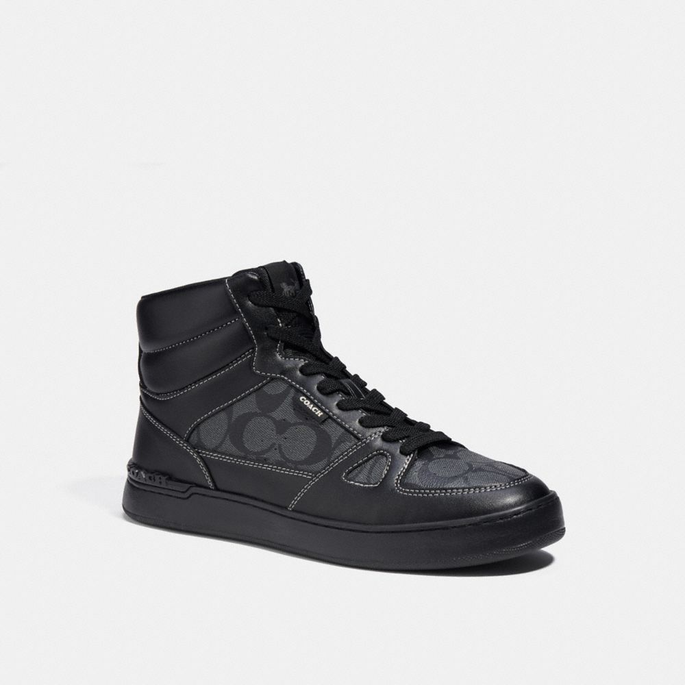 COACH®,CLIP COURT HIGH TOP SNEAKER IN SIGNATURE CANVAS,Black,Front View