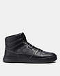 COACH®,CLIP COURT HIGH TOP SNEAKER IN SIGNATURE CANVAS,Signature Coated Canvas,Black,Angle View