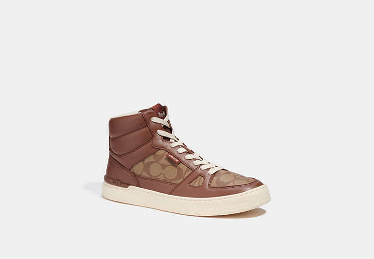 COACH®,CLIP COURT HIGH TOP SNEAKER IN SIGNATURE CANVAS,Saddle,Front View