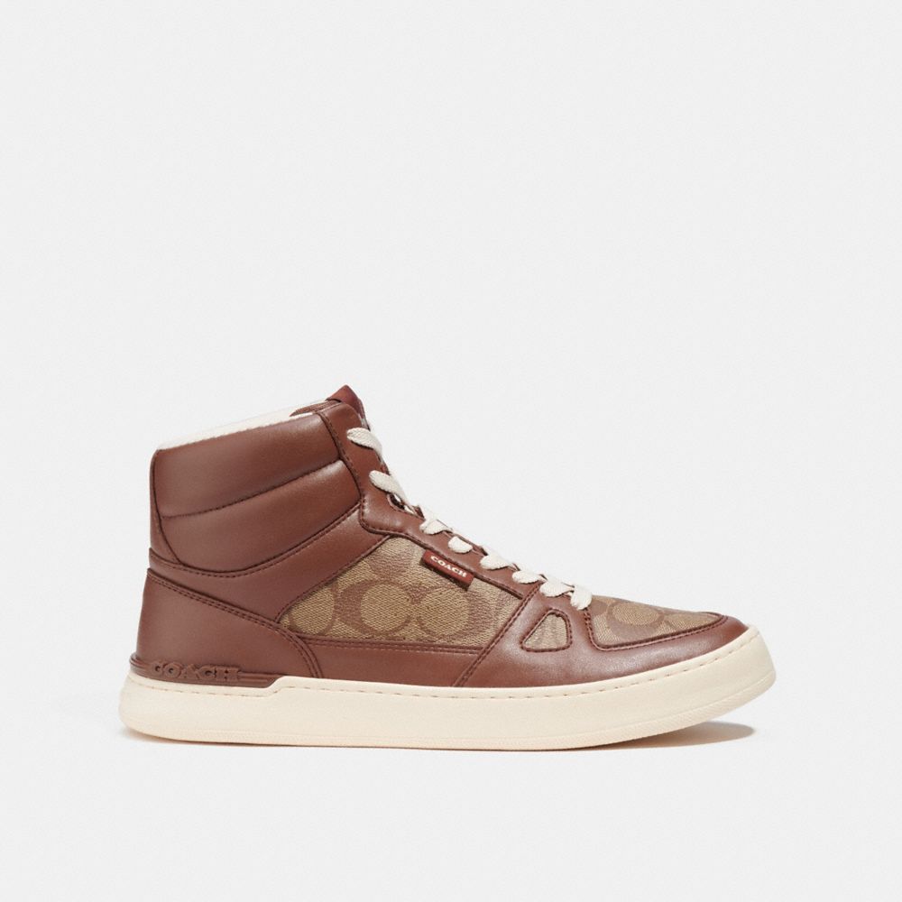 COACH®,CLIP COURT HIGH TOP SNEAKER IN SIGNATURE CANVAS,Saddle,Angle View