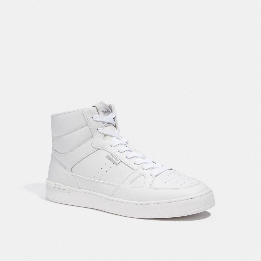 COACH®,Clip Court High Top Sneaker,Rubber,Leather,Casual,High Top,Quilted,Perforated,Casual,White,Front View