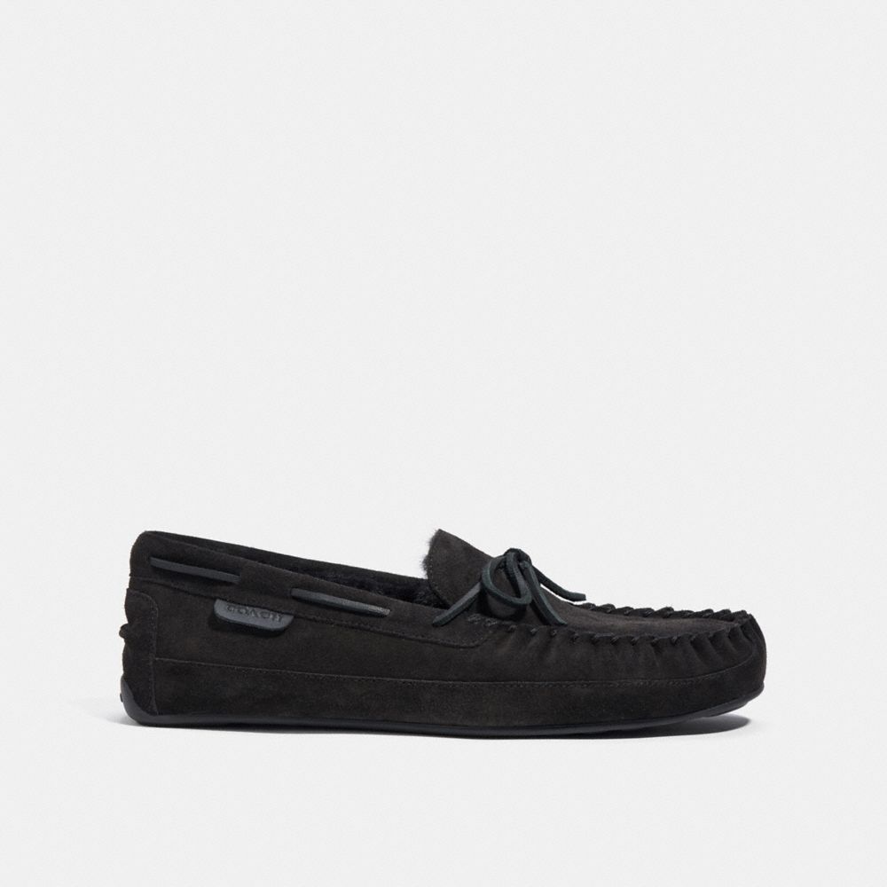 COACH®,FLEECE SHEARLING MOCCASIN,Black,Angle View