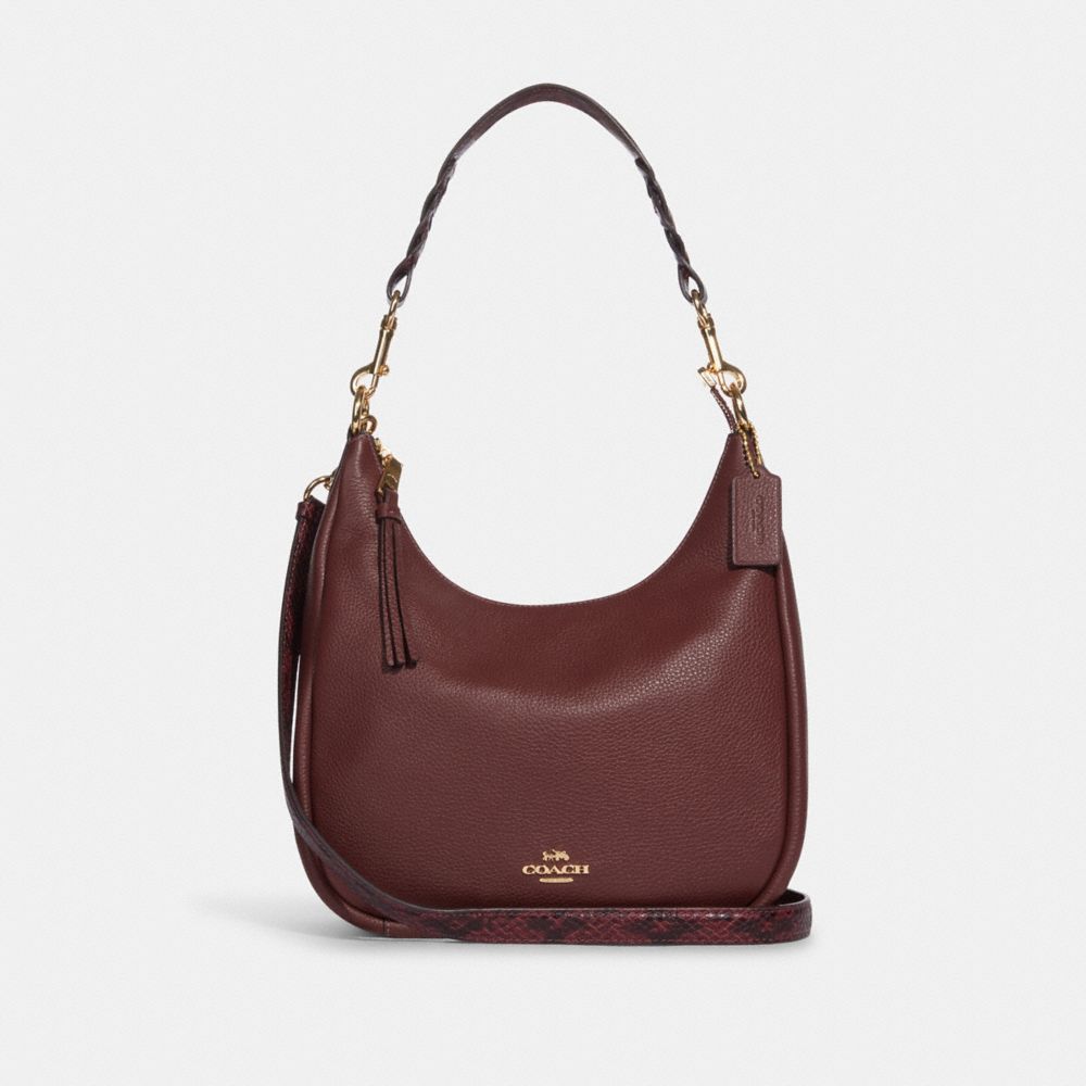 COACH®,HOBO JULES,Cuir galet raffiné,Or/Rouge vin multi,Front View