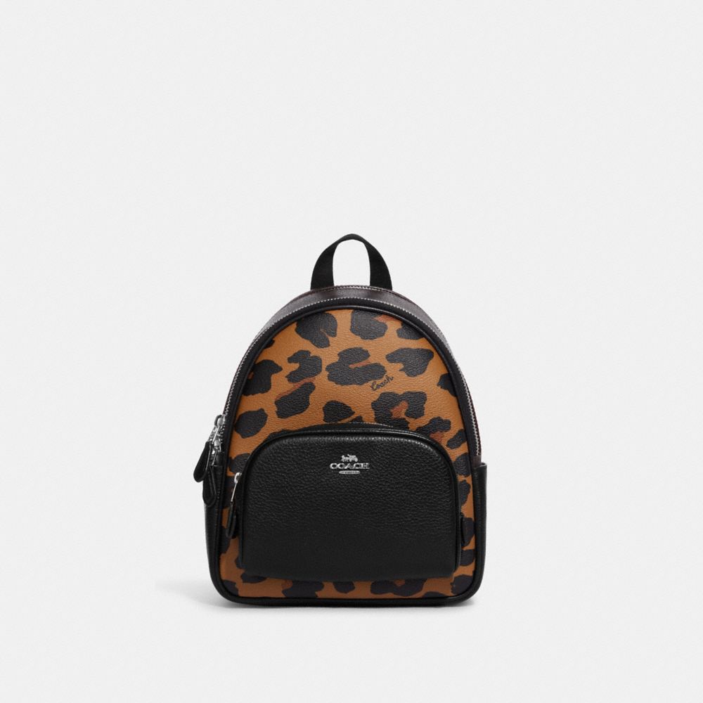 COACH®,MINI COURT BACKPACK IN SIGNATURE CANVAS WITH LEOPARD PRINT,Medium,Silver/Light Saddle Multi,Front View