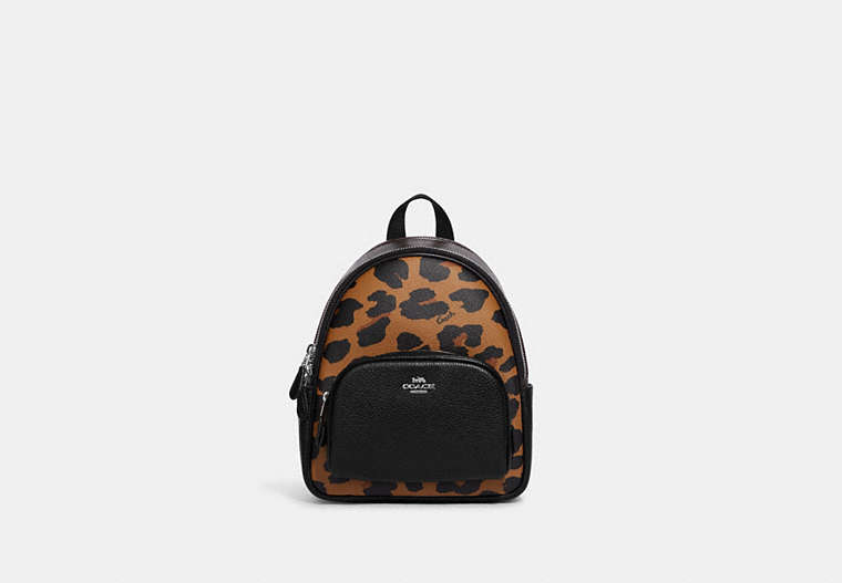 COACH®,MINI COURT BACKPACK IN SIGNATURE CANVAS WITH LEOPARD PRINT,Leather,Medium,Silver/Light Saddle Multi,Front View