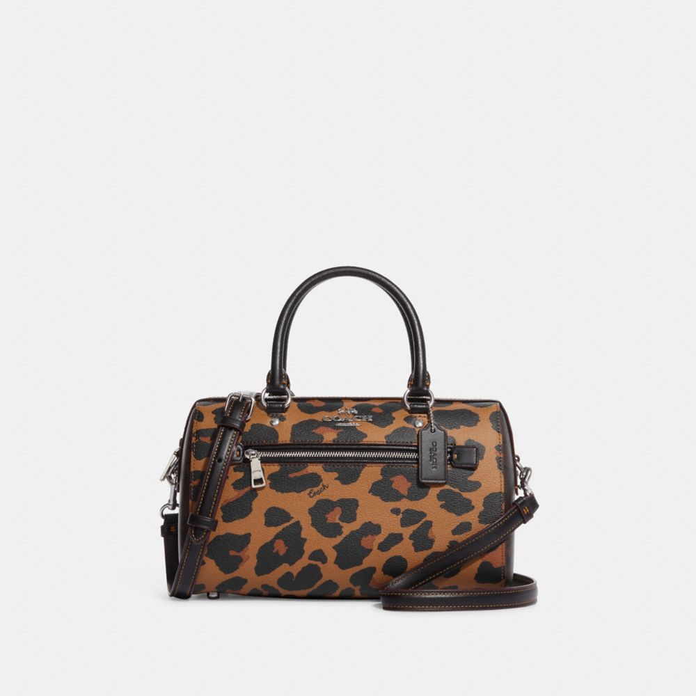 COACH®,ROWAN SATCHEL BAG IN SIGNATURE CANVAS WITH LEOPARD PRINT,Large,Silver/Light Saddle Multi,Front View