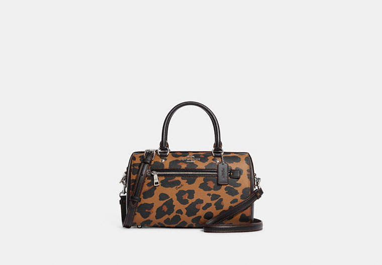 COACH®,ROWAN SATCHEL BAG IN SIGNATURE CANVAS WITH LEOPARD PRINT,Leather,Large,Silver/Light Saddle Multi,Front View