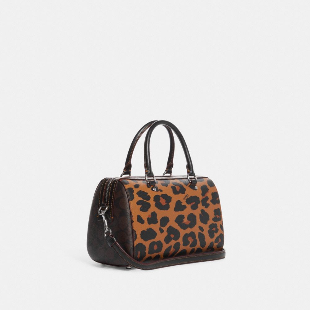 COACH®,ROWAN SATCHEL BAG IN SIGNATURE CANVAS WITH LEOPARD PRINT,Large,Silver/Light Saddle Multi,Angle View