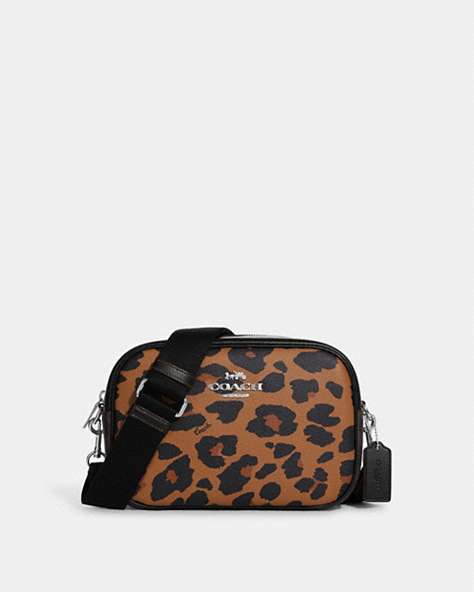 COACH®,JAMIE CAMERA BAG WITH SIGNATURE CANVAS AND LEOPARD PRINT,Leather,Medium,Anniversary,Silver/Light Saddle Multi,Front View