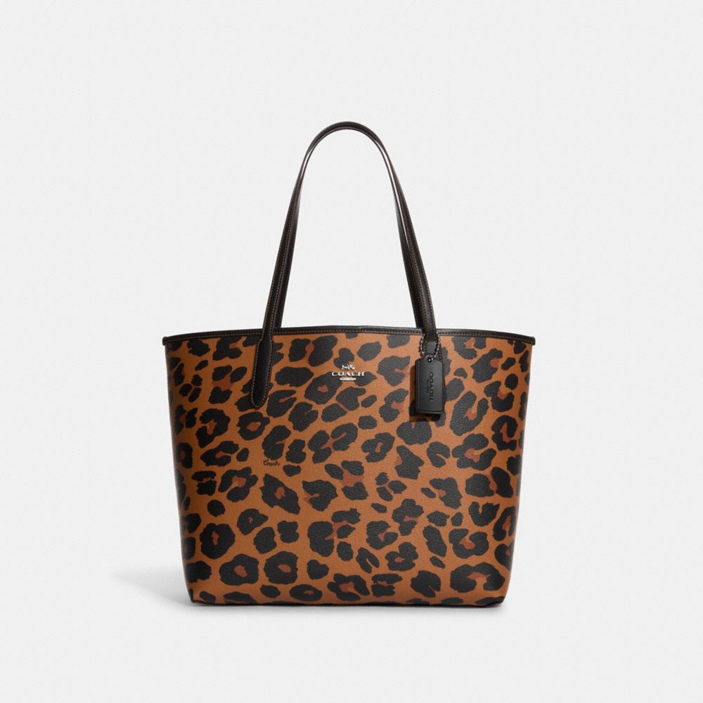 COACH®,CITY TOTE BAG WITH LEOPARD PRINT AND SIGNATURE CANVAS INTERIOR,Signature Canvas,X-Large,Silver/Light Saddle Multi,Front View