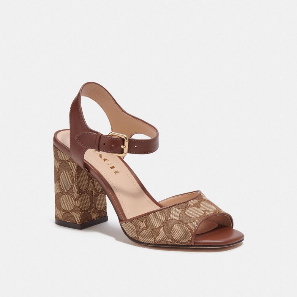 COACH®,MARLA SANDAL IN SIGNATURE JACQUARD,Khaki Sig C/Saddle,Front View