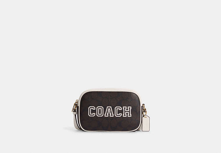COACH®,MINI JAMIE CAMERA BAG IN SIGNATURE CANVAS WITH VARSITY MOTIF,Signature Coated Canvas,Small,Im/Brown/Chalk Multi,Front View