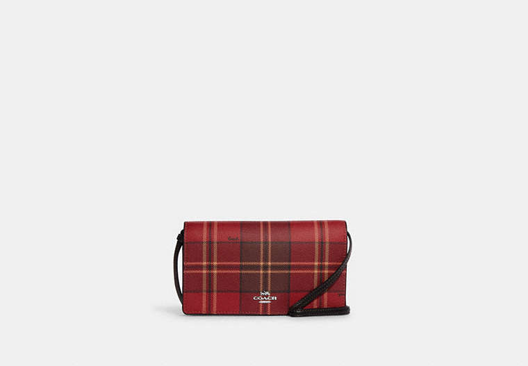 COACH®,ANNA FOLDOVER CLUTCH CROSSBODY WITH TARTAN PLAID PRINT,Printed Coated Canvas,Mini,Silver/Red/Black Multi,Front View