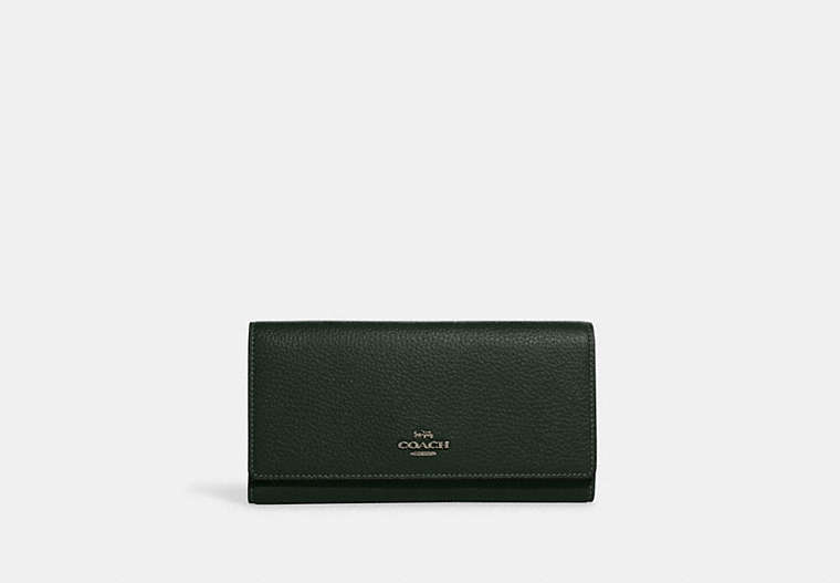 COACH®,SLIM TRIFOLD WALLET,Pebbled Leather,Gold/Amazon Green,Front View
