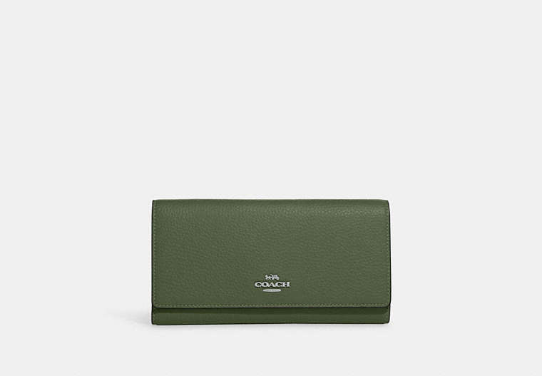 COACH®,SLIM TRIFOLD WALLET,Pebbled Leather,Silver/Dark Sage,Front View