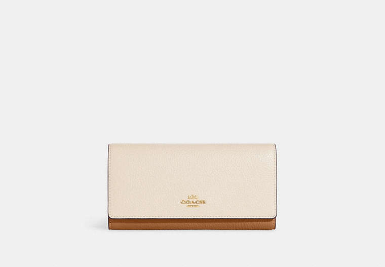 COACH®,SLIM TRIFOLD WALLET IN COLORBLOCK,Refined Pebble Leather,Mini,Im/Ivory/Light Saddle Multi,Front View