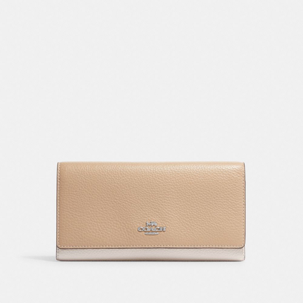 COACH®,SLIM TRIFOLD WALLET IN COLORBLOCK,Novelty Leather,Mini,Silver/Sandy Beige Multi,Front View