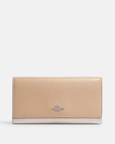 COACH®,SLIM TRIFOLD WALLET IN COLORBLOCK,Refined Pebble Leather,Mini,Silver/Sandy Beige Multi,Front View