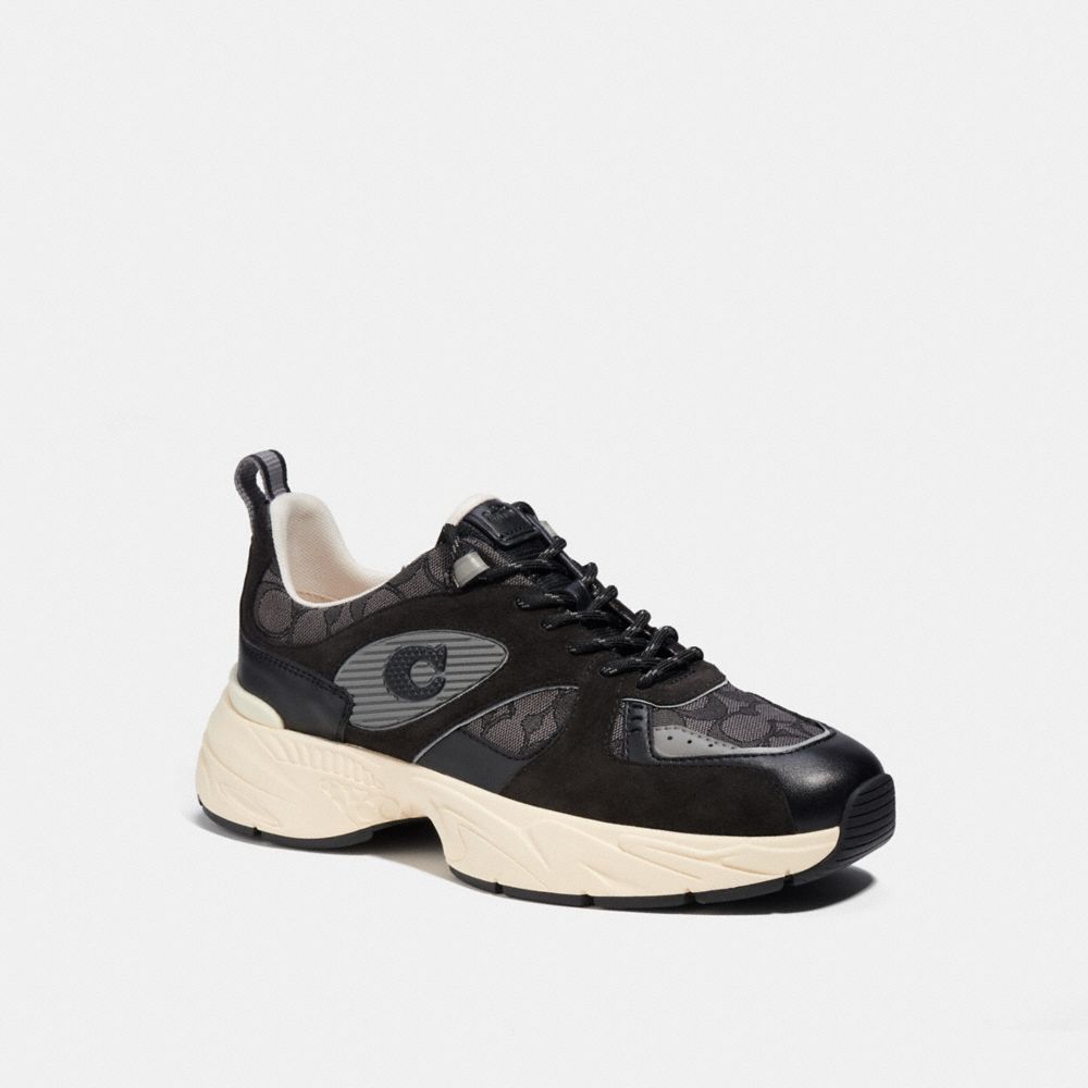 COACH®,TECH RUNNER WITH SIGNATURE JACQUARD,Leather,Black,Front View