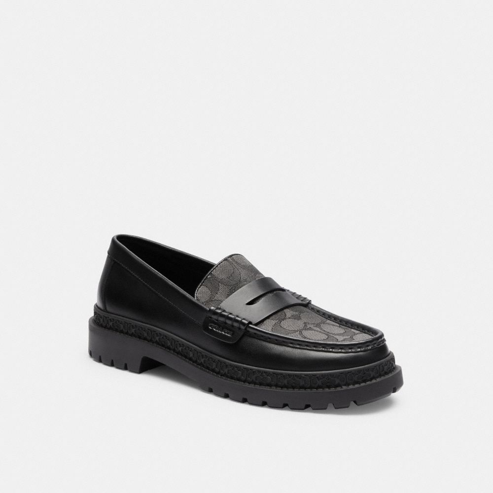 COACH®,LOAFER WITH SIGNATURE JACQUARD AND SIGNATURE COIN,Leather,Black,Front View image number 0