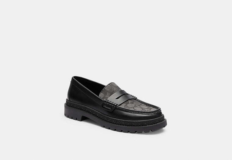 COACH®,LOAFER WITH SIGNATURE JACQUARD AND SIGNATURE COIN,Leather,Black,Front View