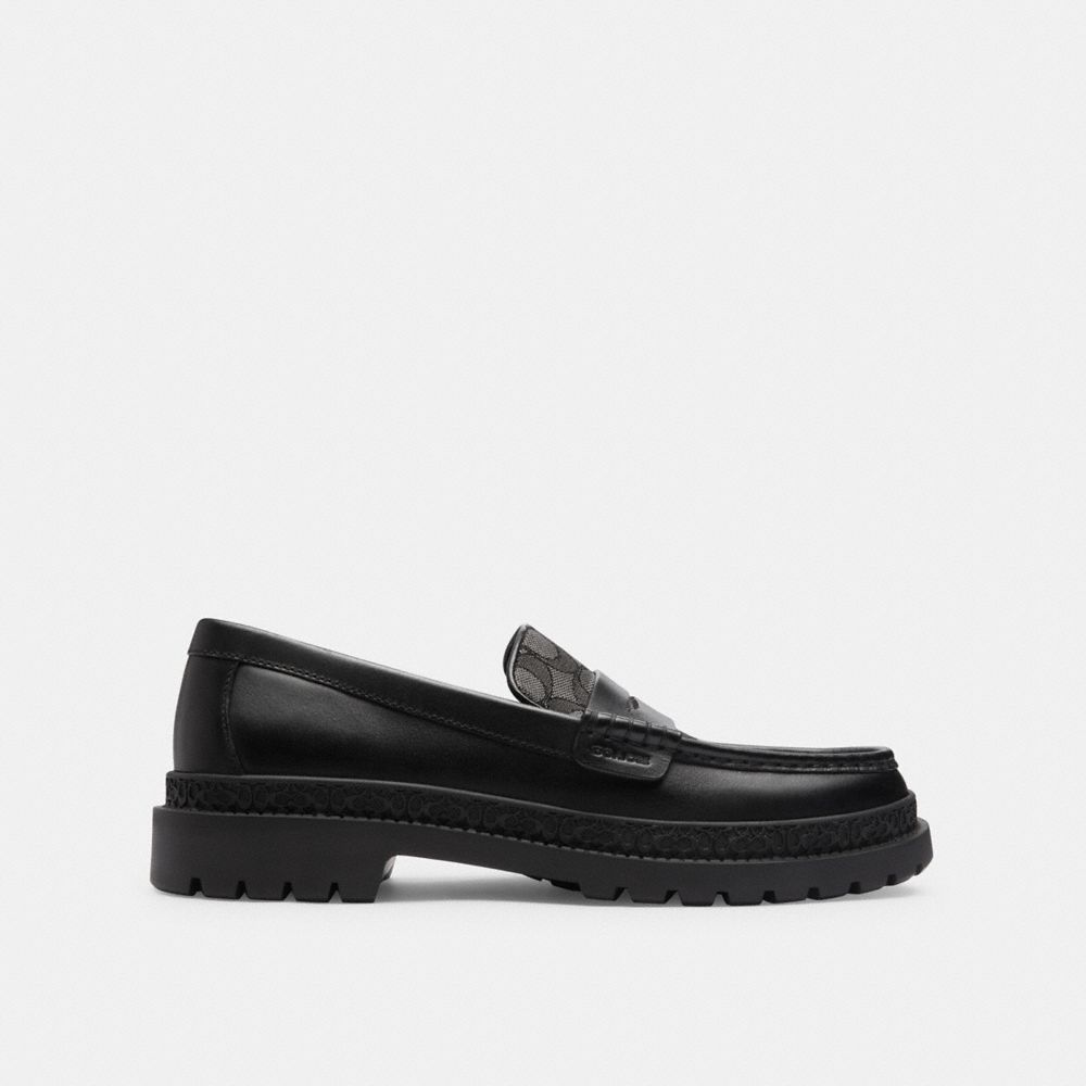 COACH®,LOAFER WITH SIGNATURE JACQUARD AND SIGNATURE COIN,Leather,Black,Angle View