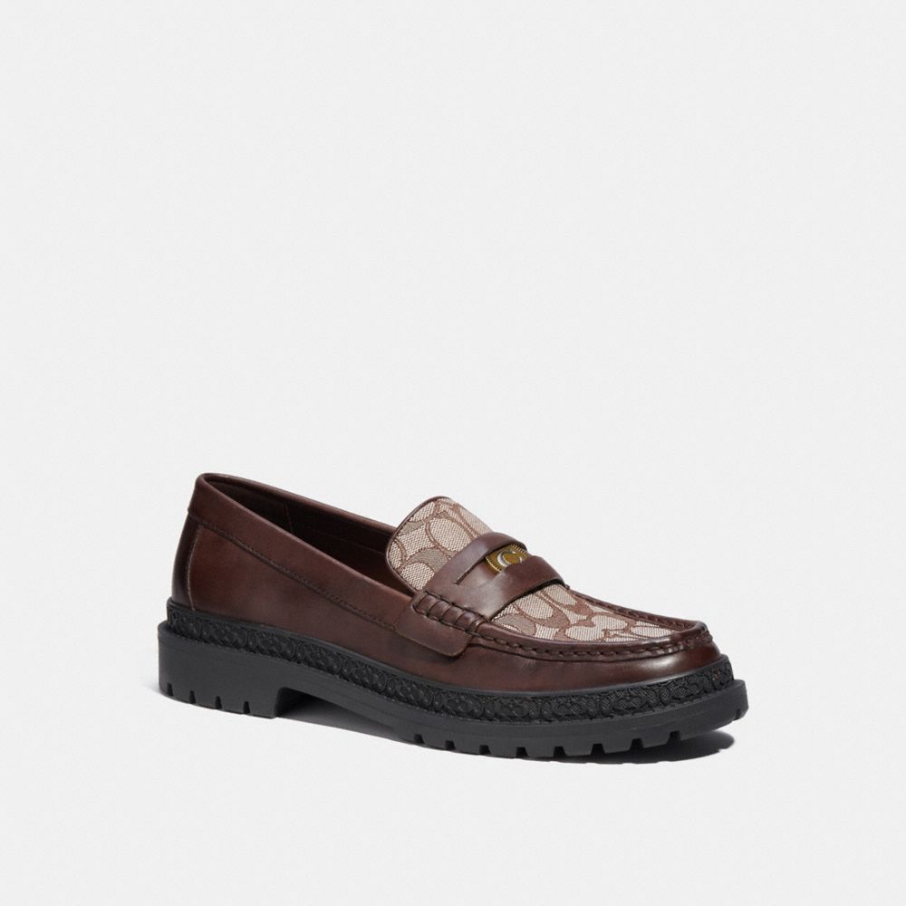 COACH®,LOAFER WITH SIGNATURE JACQUARD AND SIGNATURE COIN,Leather,Maple,Front View image number 0