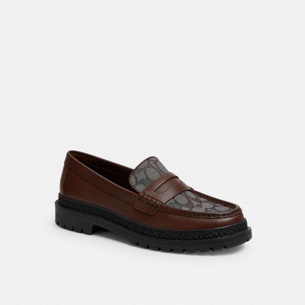 COACH®,LOAFER WITH SIGNATURE JACQUARD AND SIGNATURE COIN,Leather,Maple,Front View