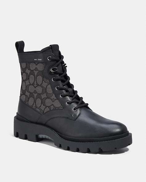 COACH®,CITYSOLE LACE UP BOOT IN SIGNATURE JACQUARD,Leather,Black,Front View