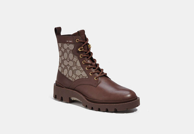 COACH®,CITYSOLE LACE UP BOOT IN SIGNATURE JACQUARD,Leather,Maple,Front View