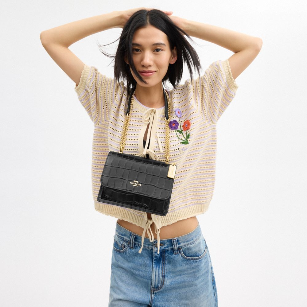 COACH®,Klare Crossbody Bag,Leather,Crossbody,Gusset,Gold Metal,Cocktail,Black,Detail View