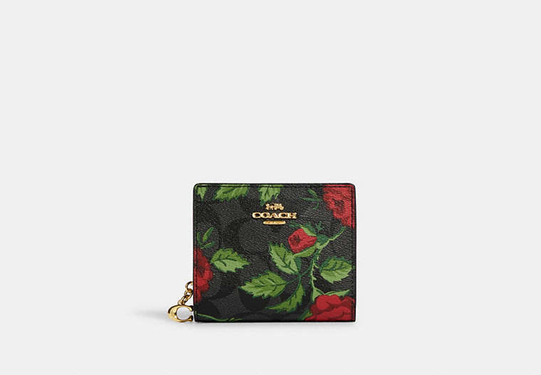 COACH®,SNAP WALLET IN SIGNATURE CANVAS WITH FAIRYTALE ROSE PRINT,Signature Coated Canvas,Mini,Im/Graphite/Red Multi,Front View