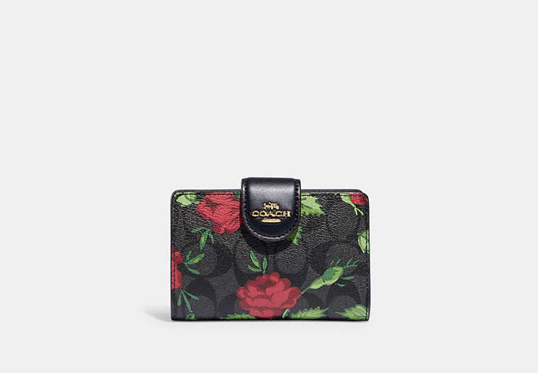 COACH®,MEDIUM CORNER ZIP WALLET IN SIGNATURE CANVAS WITH FAIRYTALE ROSE PRINT,Signature Coated Canvas,Im/Graphite/Red Multi,Front View