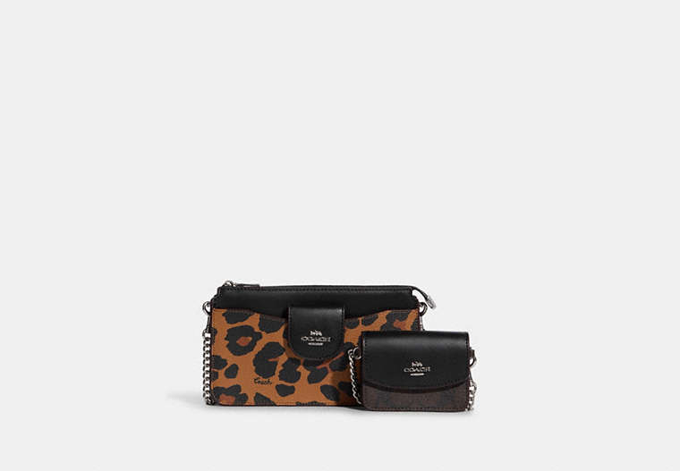 COACH®,POPPY CROSSBODY WITH CARD CASE WITH LEOPARD PRINT AND SIGNATURE CANVAS,Leather,Mini,Silver/Light Saddle Multi,Front View