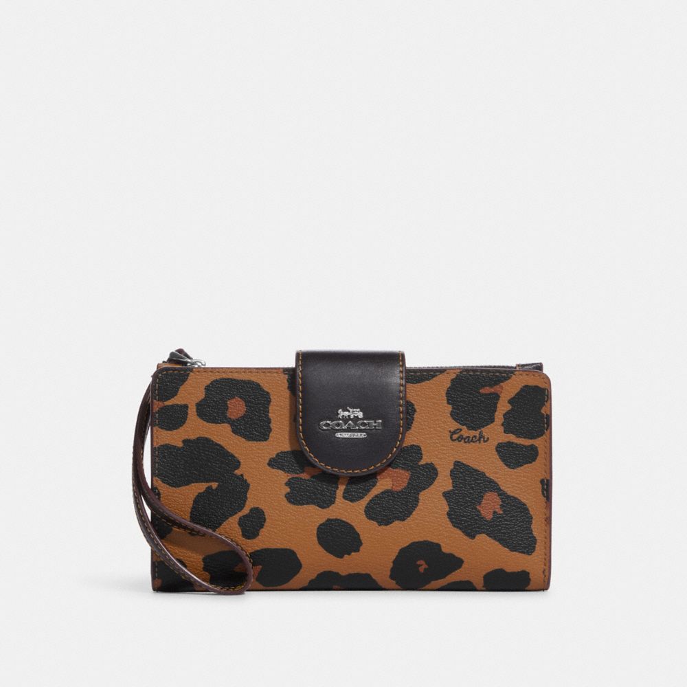 COACH®,PHONE WALLET WITH LEOPARD PRINT AND SIGNATURE CANVAS INTERIOR,Signature Canvas,Silver/Light Saddle Multi,Front View