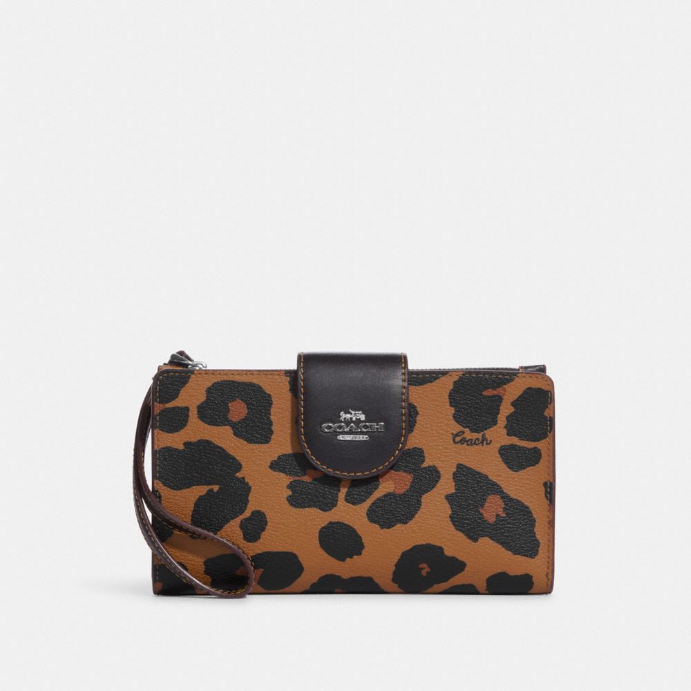 COACH®,Phone Wallet With Leopard Print And Signature Canvas Interior,,Front View