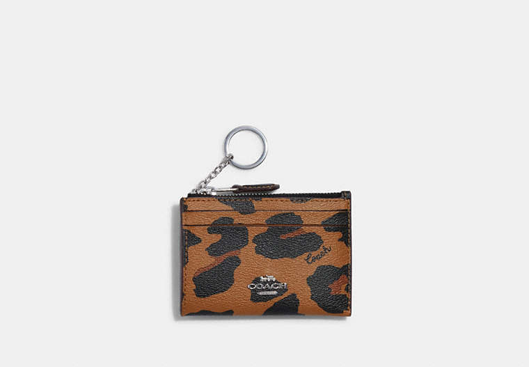 COACH®,MINI SKINNY ID CASE WITH LEOPARD PRINT,Leather,Silver/Light Saddle Multi,Front View
