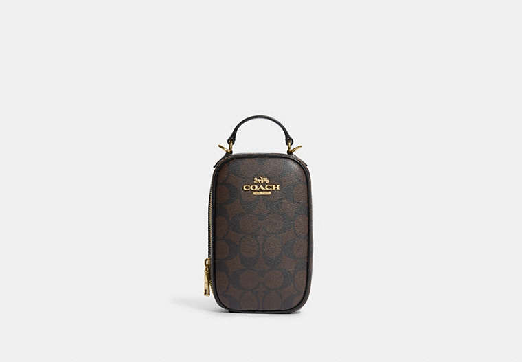 COACH®,EVA PHONE CROSSBODY IN SIGNATURE CANVAS,Signature Coated Canvas,Mini,Gold/Brown Black,Front View image number 0
