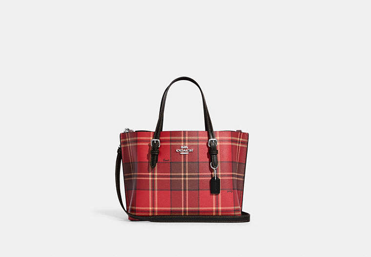 COACH®,MOLLIE TOTE 25 WITH TARTAN PLAID PRINT,Printed Coated Canvas,Medium,Silver/Red/Black Multi,Front View