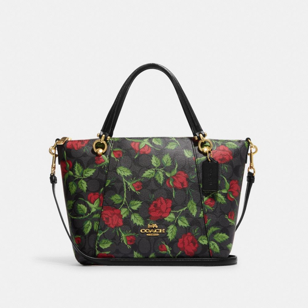 COACH®,KACEY SATCHEL BAG IN SIGNATURE CANVAS WITH FAIRYTALE ROSE PRINT,Medium,Im/Graphite/Red Multi,Front View