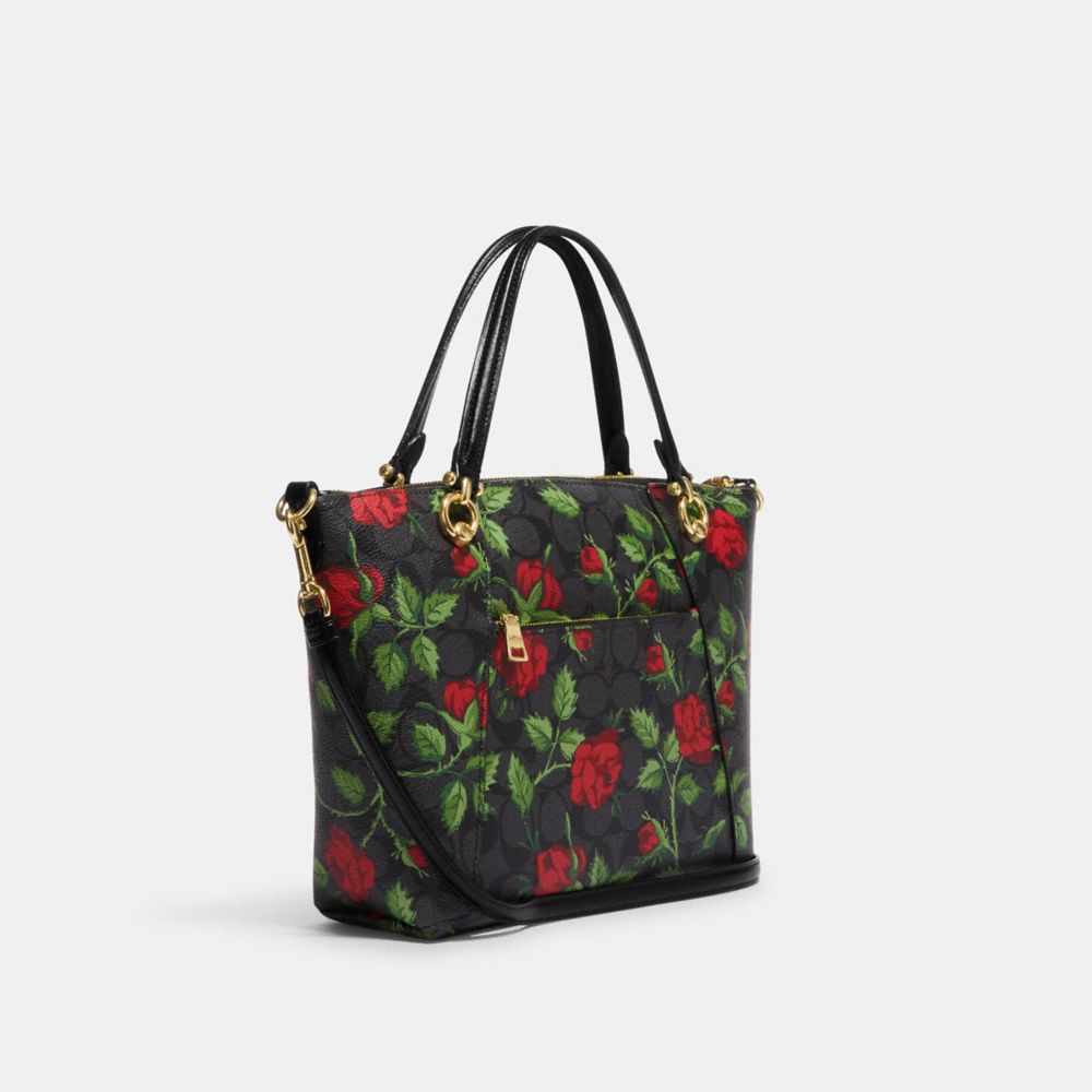 COACH®,KACEY SATCHEL BAG IN SIGNATURE CANVAS WITH FAIRYTALE ROSE PRINT,Medium,Im/Graphite/Red Multi,Angle View