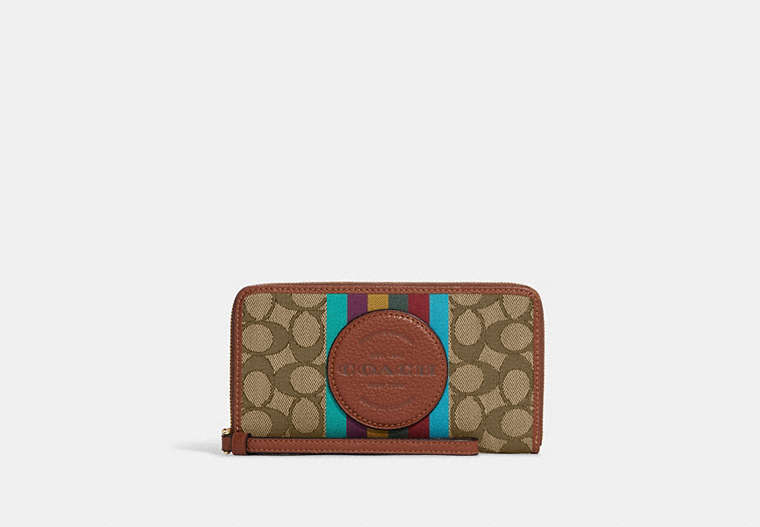 COACH®,DEMPSEY LARGE PHONE WALLET IN SIGNATURE JACQUARD WITH STRIPE AND COACH PATCH,Refined Pebble Leather,Mini,Gold/Khaki Multi,Front View