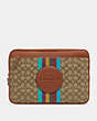 COACH®,LAPTOP SLEEVE IN SIGNATURE JACQUARD WITH STRIPE AND COACH PATCH,Large,Gold/Khaki Multi,Front View