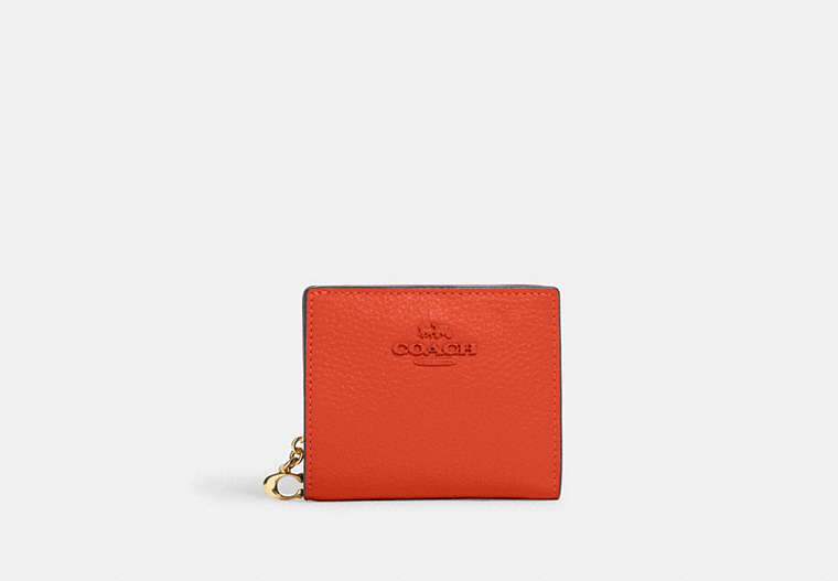 COACH®,SNAP WALLET,Refined Pebble Leather,Mini,Gold/Mango,Front View