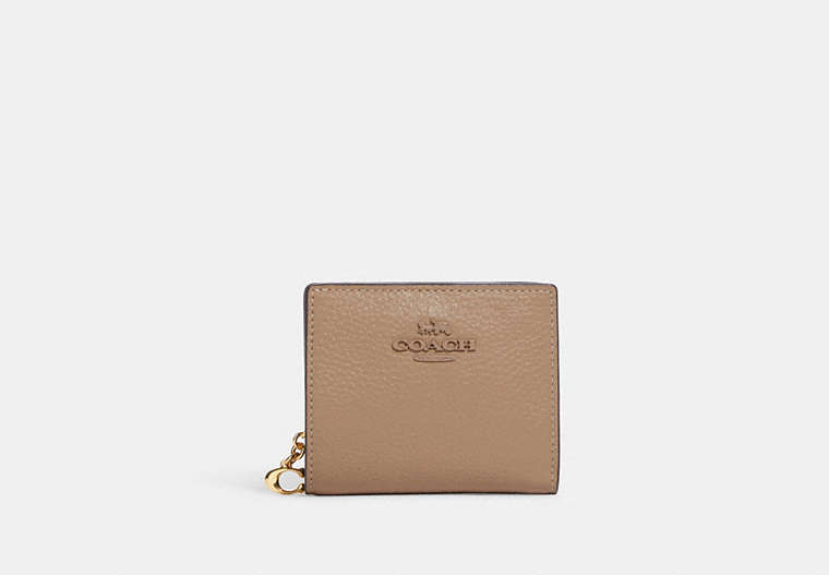 COACH®,SNAP WALLET,Refined Pebble Leather,Mini,Gold/Taupe,Front View