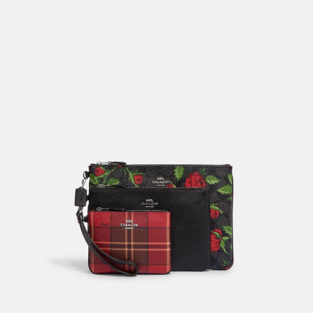 Coach Pouch Trio in Signature Canvas with Vintage Rose Print and Tartan Plaid